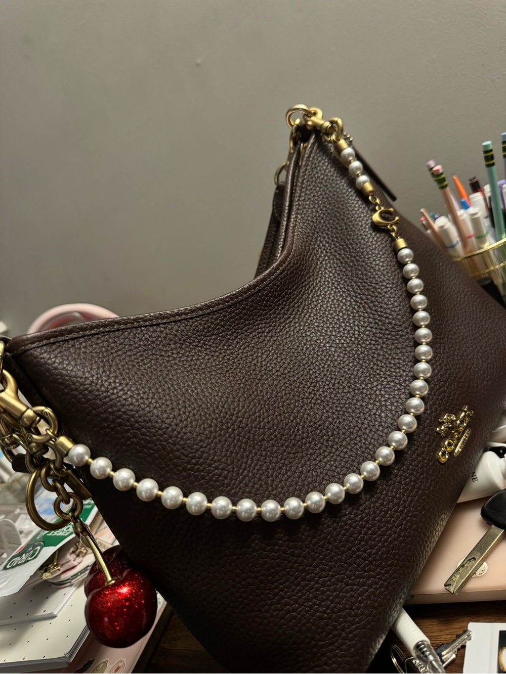 Coach Dark Brown Pebbled Leather Shoulder Bag with Pearl Strap